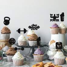 Bộ 8 trang trí phòng tập thể dục thể hình lấp lánh màu đen, trang trí bánh cupcake trang trí cho bữa tiệc sinh nhật với chủ đề cơ bắp, quả tạ, chuông ấm và bài tập bụng - màu đen - Xem 3