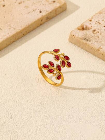 1pc Stainless Steel Golden Leaf Ladies Fashion Open Ring Inlaid With Red Gemstone, Suitable For Daily Wear Or Friends Gathering