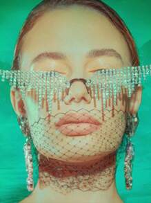 一对银色水钻首饰套装，配有神秘流苏眼镜框，适合舞会，以及全钻孔脸链配饰，适合音乐节 - 銀色 - 查看 1