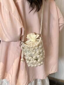 Ladies Fashionable And Versatile Plain Cute And Shiny Pearl Bucket Mini Bag - White - View 2