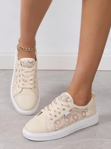 Giày Thể Thao Nữ Nhẹ Đế Mềm Ngoài Trời Giày Ren Màu Be Lưới Đế Bằng Thoáng Khí Giày Đa Năng Đường Phố Giày Trượt Ván - Màu be - Xem 5