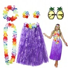 6pcs 40/60cm Hawaiian Hula Skirt With Garland Necklace Bracelet Headband And Pineapple Sunglasses Set, Adult Hawaiian Hula Skirt Suitable Luau Party Dance Outfit, Tropical Beach Birthday Wedding Party Decoration,Christmas - Purple - View 2
