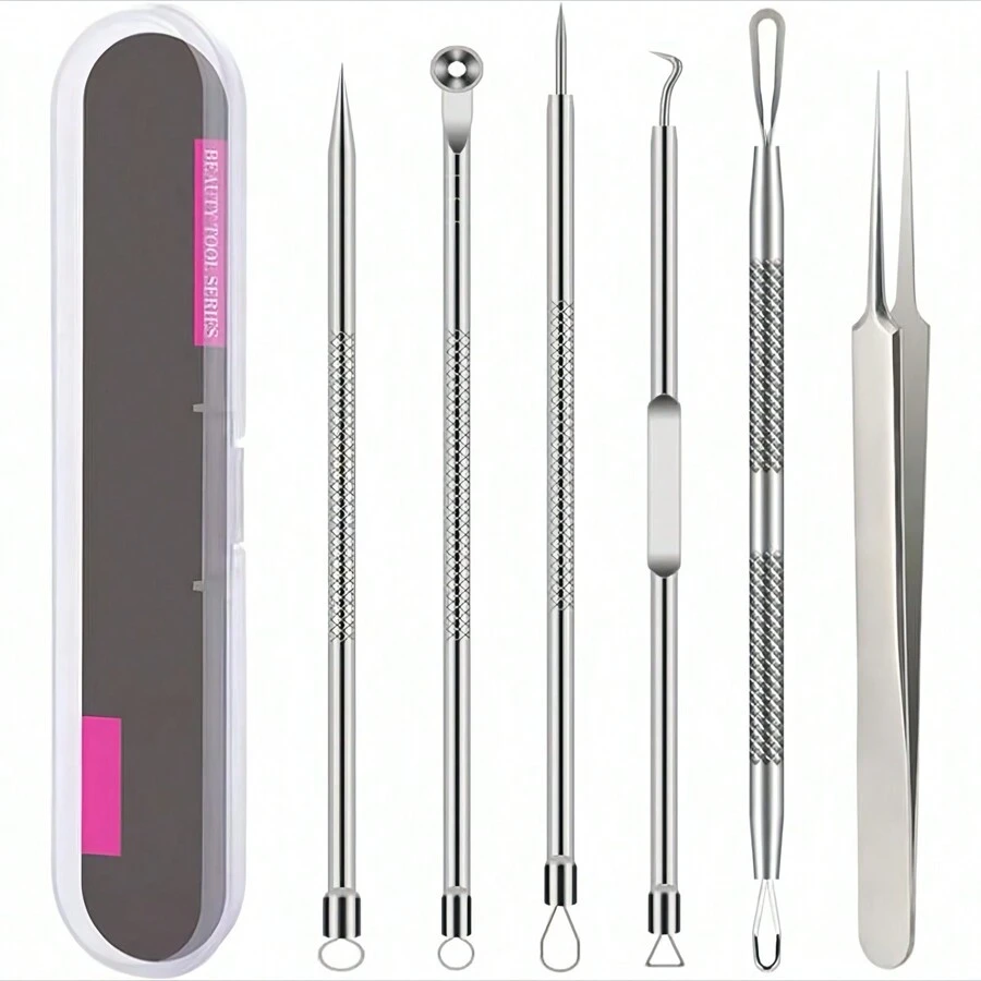 Blackhead Remover Tool Kit, 6pcs Set Pimple Popper Tool For Acne Treatment, Comedone Extractor For Blackhead, Whitehead, Blemish, Pore Extractor Tool For Nose Face, - Silver - View 1