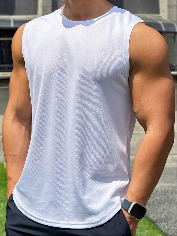 Boyfriend Style Men's Solid Color Sleeveless Shirt, Casual Breathable Comfortable Moisture Wicking Quick-Drying Sports Tank Top, Spring/Summer