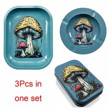 3Pcs/Set  Plate Metal Rolling Tray Square 7.09"X5.51" Smoking Tinplate With Round Ashtray Rolling Tray Plus Cigarette Case - Mushroom - View 1