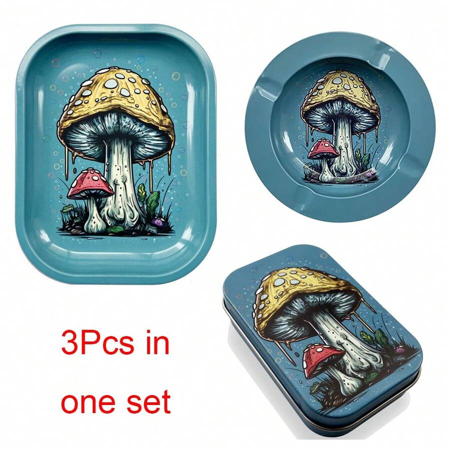 3Pcs/Set Plate Metal Rolling Tray Square 7.09"X5.51" Smoking Tinplate With Round Ashtray Rolling Tray Plus Cigarette Case - Mushroom - View 1