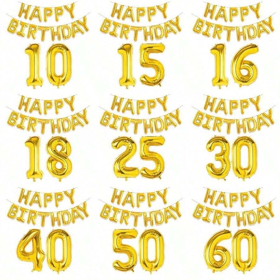 金色生日數字鋁箔氣球，成人派對裝飾，中性款，10 11 12 15 18 25 30 40 50 60 歲，聖誕節