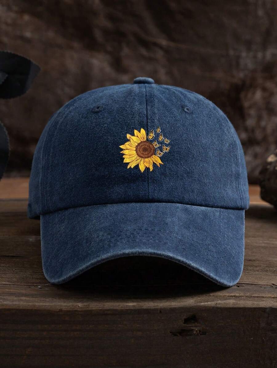 1pc Casquette de baseball ajustable décontractée d\"extérieur unisexe avec impression de tournesol - Bleu marine - Voir 1