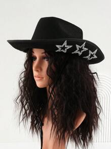 1pc Women's Neutral Solid Color Woolen Cowboy Hat Embellished With Unique Personality Sparkling Rhinestone Hollow Star Chain Element, Swivel Bachelorette Cowgirl Hat, Girlcore, Vintage, Floral, Spring Summer Bright Colors, Pink Aesthetic, Novelty Interesting Punk Style Wide Brim BR Street Fashion, 2024 Wedding Essentials, Classy Aesthetic, Dinner Party Essentials, Suitable For Parties, Western-Themed Events, Gatherings, Engagement Parties, Role Playing, Graduations, Costume Balls, Festivals, Weddings, Birthday Celebrations, Music Festivals, Coming-Of-Age Ceremonies, Etc. Halloween