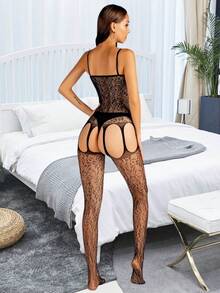 1pc Women Black Halter Neck Open Crotch Fishnet Bodysuit Sexy Full Body Stockings Fishnet Tights, Suitable For Wearing In Any Season, Chest Paste NOT Included - Black - View 7