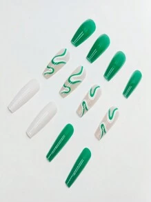 24 piezas/set de uñas postizas francesas en azul con patrón de horizonte europeo y americano, incluye pegamento de gelatina y lima de uñas - suministros de manicura de uñas de presión uñas falsas uña falsa uña acrílica - Verde Oscuro - Ver 3