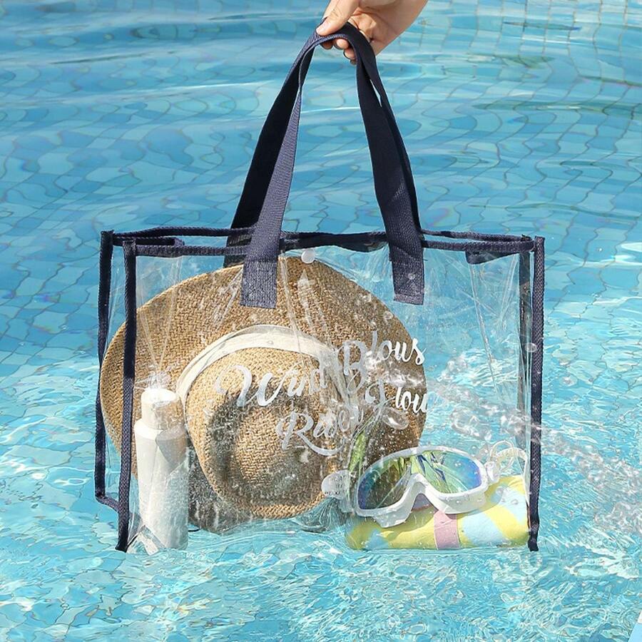 單一款式四色可選PVC便攜游泳袋化妝品收納袋，多功能防水透明簡約化妝包，大容量沙灘袋 - 藏蓝色 - 查看 1