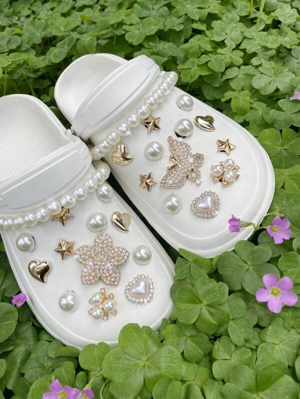 26pcs Detachable Butterfly, Flower & Faux Pearl Decorative Chain For Jelly Shoes, Sandals, Beach Shoes