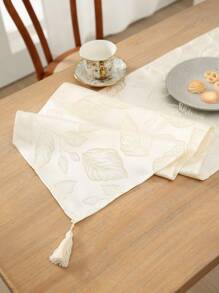 1入組編織提花樹葉圖案尖邊桌布，配流蘇，適用於餐桌、電視櫃、咖啡桌等家居裝飾