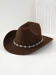 1pc Women Unisex Solid Color Knitted Felt Cowboy Hat With Diamond Shaped Chain Decorated Hatband, Swivel Single Girl Cowgirl Hat, Wide Brim Hat With Street Fashion Punk Style For Girlcore, Vintage, Floral, Spring Summer Bright Colors, Pink Aesthetic. Suitable For Parties, Western Themed Events, Graduation Ceremony, Role Play, Costume Party, Makeup Dance Party, Festival, Wedding, Birthday Celebration, Music Festival, Coming-Of-Age Ceremony. Halloween