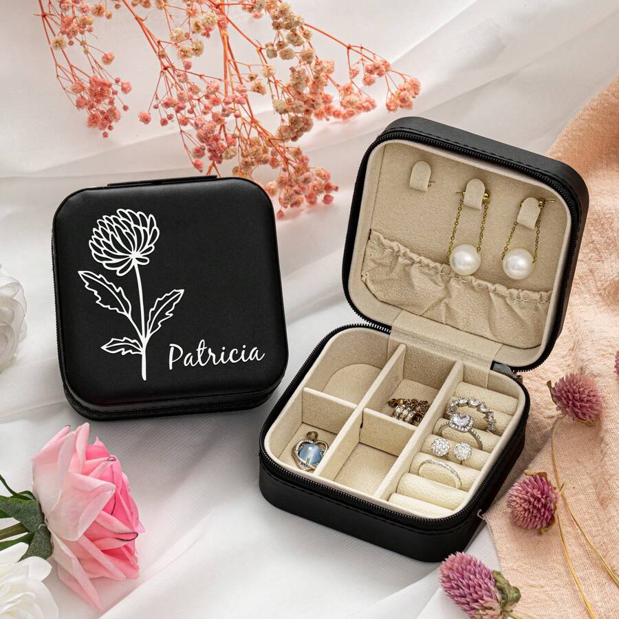 定制生日花朵珠寶旅行盒，生日花禮物，女士個性化生日禮物，皮革珠寶旅行盒，定制珠寶盒，聖誕母親節禮物 - 黑色 - 查看 1