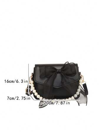 Argyle Princess Faux Pearl & Rhinestone Pearl Chain & Decor Mini Bow & Faux Pearl Decor Flap Fyrkantig väska för fest, bröllop, bal och middag, läppstift, dam pärlväska, trendig rosettväska för kvinnor