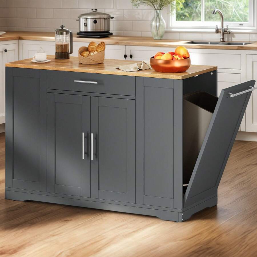 53 Inch Rolling Kitchen Island Cart With Trash Can Storage Cabinet ,Mobile Utility Trolley Table Cabinet For 13 Gallon Garbage Bin 2 Drawers,White Oak - 灰色 - 查看 1