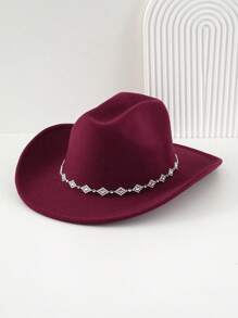 1pc Women Unisex Solid Color Knitted Felt Cowboy Hat With Diamond Shaped Chain Decorated Hatband, Swivel Single Girl Cowgirl Hat, Wide Brim Hat With Street Fashion Punk Style For Girlcore, Vintage, Floral, Spring Summer Bright Colors, Pink Aesthetic. Suitable For Parties, Western Themed Events, Graduation Ceremony, Role Play, Costume Party, Makeup Dance Party, Festival, Wedding, Birthday Celebration, Music Festival, Coming-Of-Age Ceremony. Halloween