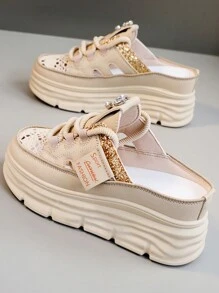 Giày thể thao đế dày thoáng khí, rỗng, giày thường ngày mùa hè 2025 dành cho nữ, dép xăng đan đế xuồng thời trang cỡ lớn - Màu Khaki - Xem 2