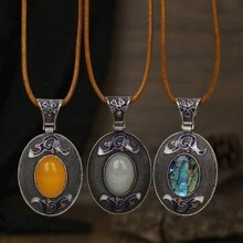 1入組/天然石圓形海灘防水手工製作皮繩復古波西米亞風吊墜項鍊，生日母親節珠寶禮物 - 項鍊 - 查看 6