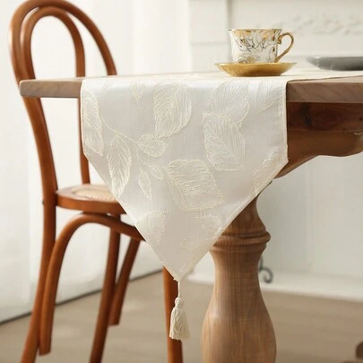 1pc Woven Jacquard Tree Leaf Pointed Table Runner With Tassel, Suitable For Home Decor Such As Dining Table, TV Cabinet, Coffee Table, Etc.