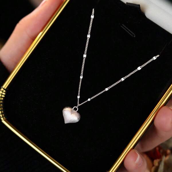 1pc Fashionable S925 Sterling Silver Drawing Process Heart-Shaped Pendant Necklace For Women, High-End Minimalist Collarbone Chain, Silver Weight 2.50g