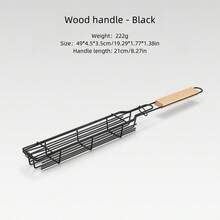 1個木柄-黑色燒烤籠子，配有香腸和熱狗網狀燒烤籃，適用於露營燒烤工具，燒烤肉類夾子架