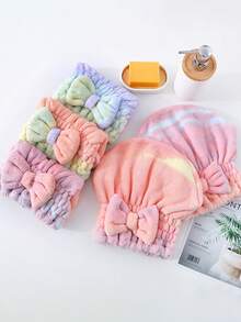 1入組隨機顏色可愛蝴蝶結吸水頭巾，漸變色加厚的浴室毛巾，珊瑚絨柔軟吸水防水沖涼帽，浴室用品 - 彩色 - 查看 2