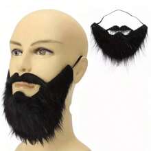 1pc Black Furry Fake Beard, Mustache And Goatee Set For Men, Funny Fabric Beard - Black - View 1