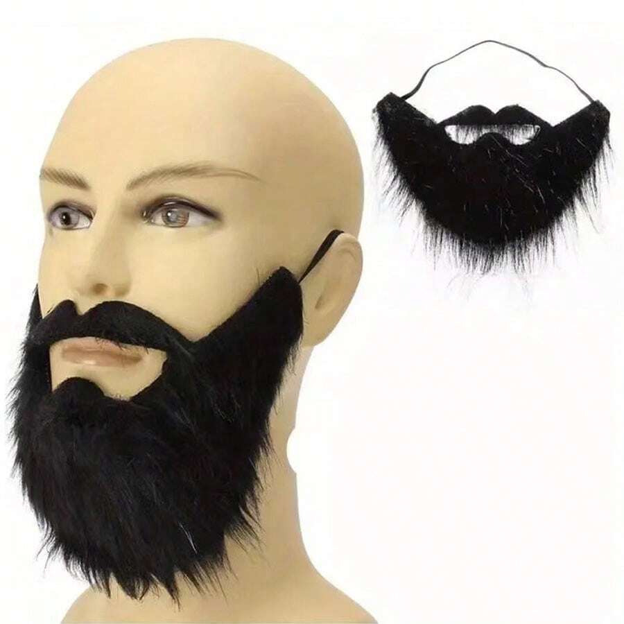 1pc Black Furry Fake Beard, Mustache And Goatee Set For Men, Funny Fabric Beard - Black - View 1
