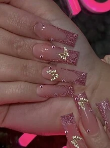 Mejora instantáneamente tu aspecto con 24 piezas de uñas postizas elegantes y brillantes de estilo francés de lujo con diseño de mariposa tridimensional en color rosa dorado. Incluye 1 pieza de gel de gelatina y 1 lima. El gel de gelatina se envía al azar. - Rosa - Ver 1