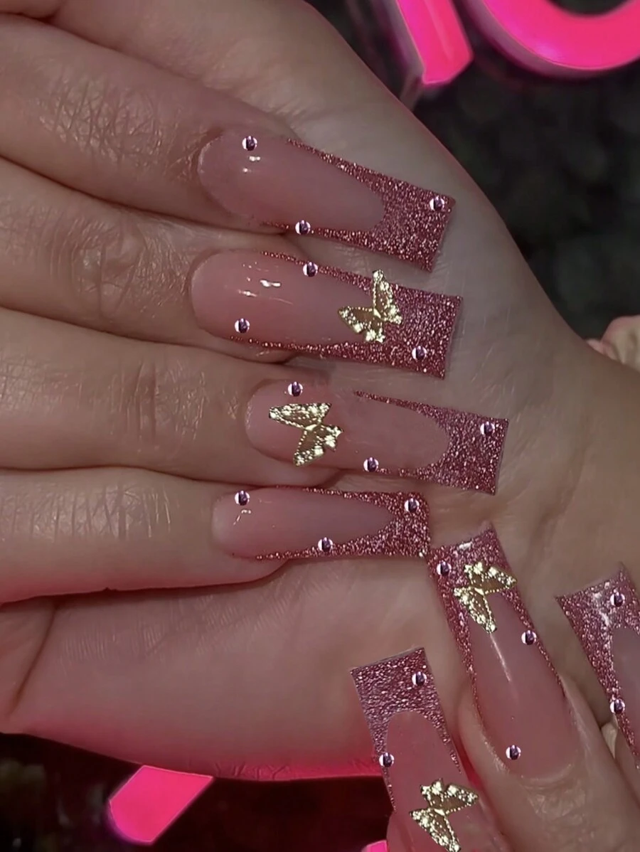 Mejora instantáneamente tu aspecto con 24 piezas de uñas postizas elegantes y brillantes de estilo francés de lujo con diseño de mariposa tridimensional en color rosa dorado. Incluye 1 pieza de gel de gelatina y 1 lima. El gel de gelatina se envía al azar. - Rosa - Ver 1