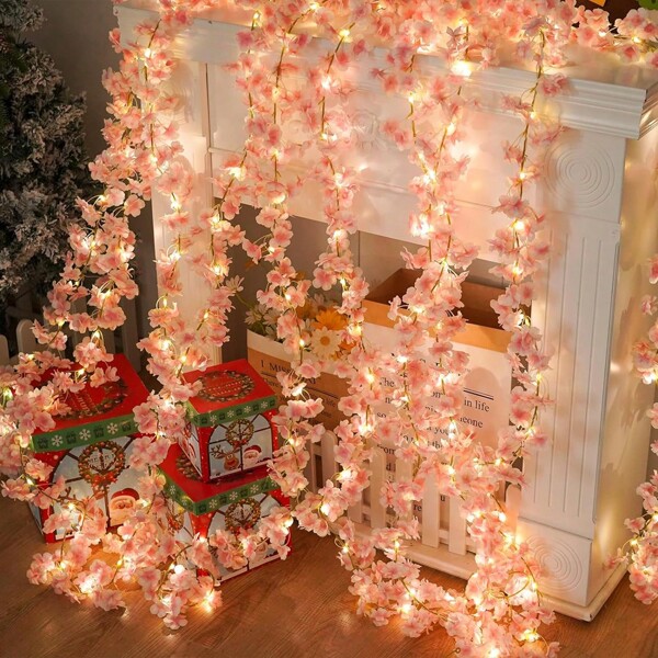 1pc 2M Artificial Cherry Blossom Vine String Light, Pink Evergreen Ivy Decorative Garland Light For Birthday Party, Wedding, Holiday Decor, Girls Bedroom, Living Room