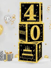 3pcs/Set 27cm 40th Black Gold Birthday Surprise Box, 40th Birthday Party Room Background Decoration, Photo Props, Birthday Gift,Christmas