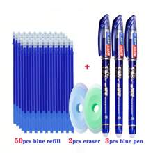 55入組黑藍墨水可擦筆芯填充棒，0.38mm可擦凝膠筆，無限橡膠學校辦公文具 - 藍色 - 查看 11