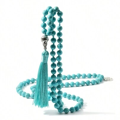 Japamala Turquoise Necklace Handmade Knotted 108 Beads Mala Beads Necklace Yoga Meditation Blessing Long Tassel  Spiritual Jewelry For Women Men