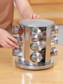 12-Piece Silver Stainless Steel Rotating Spice Canister Set - Silver - View 9