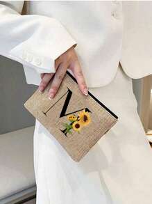 1件套字母印花亚麻拉链包，带零钱包化妆包，向日葵字母亚麻手拿包，教师节礼物，女士生日礼物，旅行收纳包：户外美妆的完美之选！