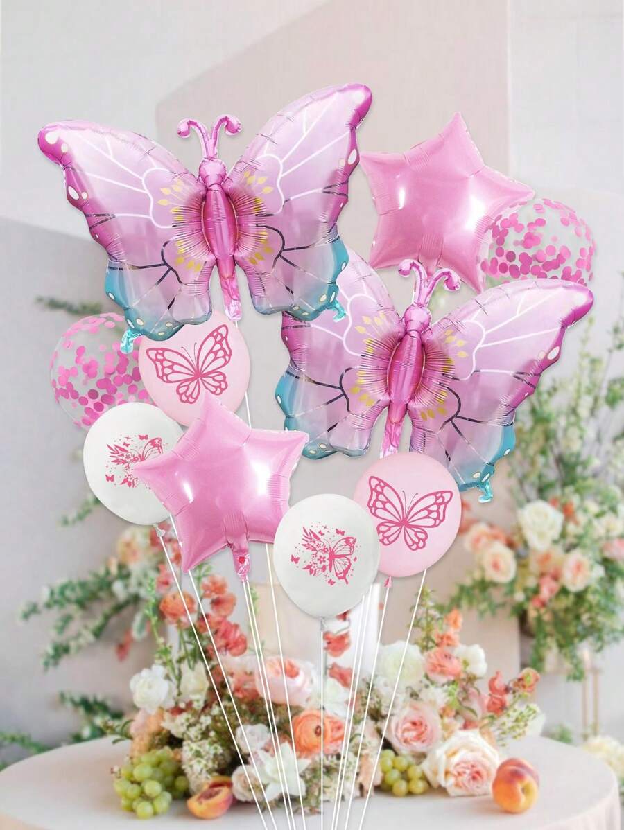Bộ 10 bóng bay chủ đề bướm, bóng bay bướm nhiều màu cỡ lớn và bóng bay ngôi sao màu hồng 18 inch thích hợp để trang trí tiệc cưới sinh nhật - Nhiều màu - Xem 1