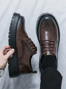 Men Business Formal Round Toe Leather Shoes, Fashionable All-Match Lace-Up Shoes For Weddings And Vacations