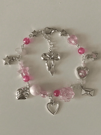 1 pieza Pulsera en forma de sobre hecha a mano con cuentas naturales y dulces y frescos, con pentagrama, cuentas redondas, flores rosas, corazón, estrella, fresa y lazo, apta para uso diario y fiestas. Día de San Valentín