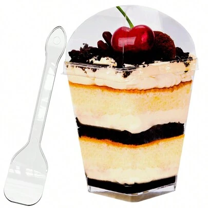 NPLUX 50/100Pack 5oz Square Clear Plastic Dessert Cups With Lids And Spoons, Mini Parfait Cups For Cheesecake, Yogurt, Jello, Mousse, And Snacks