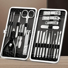 Estuche de cortaúñas de 19pcs Kit De Lima De Uñas De Pedicura De Manicura De Acero Inoxidable Con Estuche - Negro - Ver 1