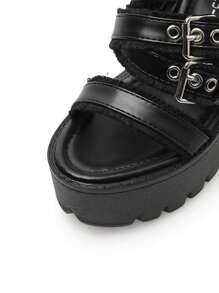 欧美时尚走秀高跟凉鞋，女士流苏腰带扣粗跟厚底坡跟踝靴，后拉链 - 黑色 - 查看 10