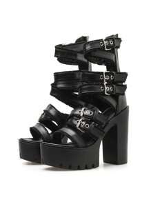 欧美时尚走秀高跟凉鞋，女士流苏腰带扣粗跟厚底坡跟踝靴，后拉链 - 黑色 - 查看 5