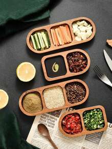 KAQILIAN 1 件 2/3 隔间木制矩形托盘，厨房和餐厅小碟蘸酱架，韩式实木调味品托盘圣诞礼物 - 棕色 - 查看 5