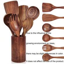 AIUHI 7 pièces Ustensiles de cuisine en bois, Cuillères pour la cuisine, cuillères de cuisine en bois naturel avec support, Ensemble de Spatule antiadhésives, Articles de cuisine indispensables