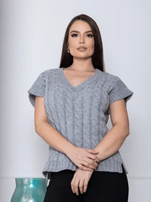 MONNEI Oversized V-Neck Vest Knitted Sweater - Xám - Xem 1