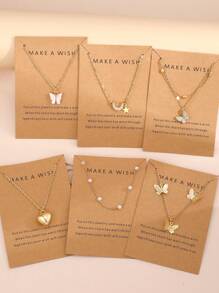 6pcs Minimalist Heart & Moon Pearl Pendant Necklace Set For Women, Great For Holiday, Party, Date, Daily Wear, Gift-Giving (Random Greeting Card Included) - Yellow Gold - View 1